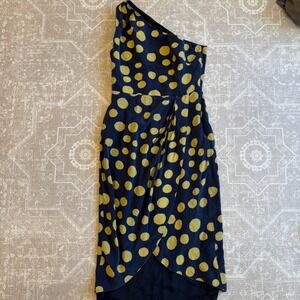 J‎ Crew Dress Size 0 One Shoulder Polka Dot Navy Yellow Party Cocktail